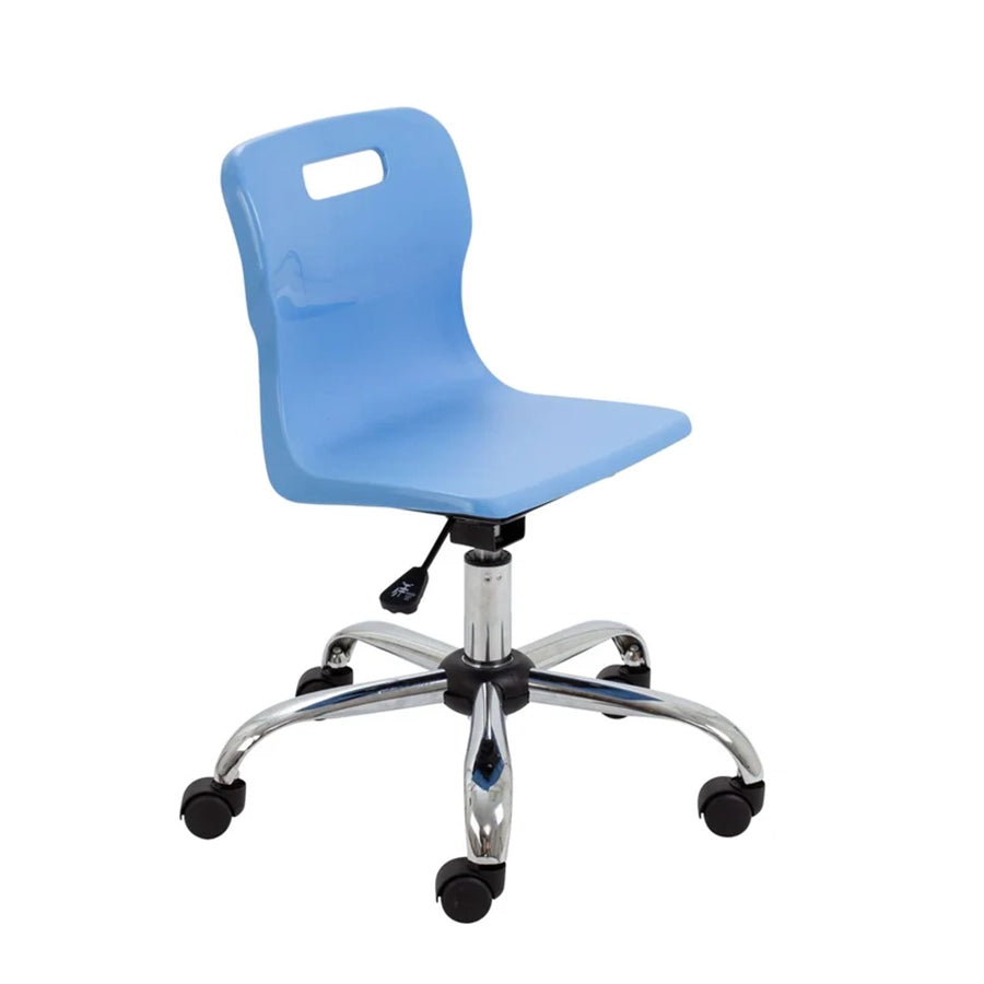 Titan Junior Swivel Chair with Chrome Base on Castors Sky Blue Polypropylene Seat