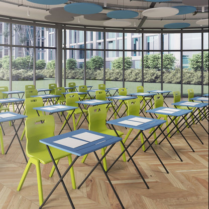 Titan Poly One Piece Chair Lime Green and Plastic Folding Exam Desk Blue Lifestyle Image