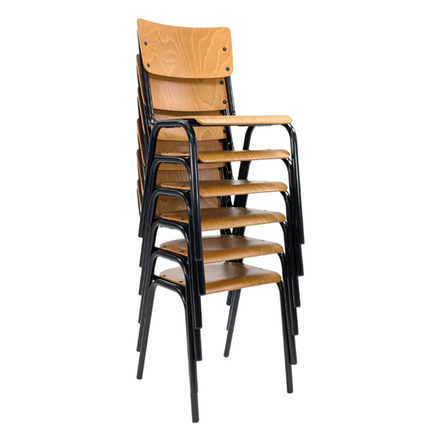 Stack of wooden chairs with black metal frames on a white background