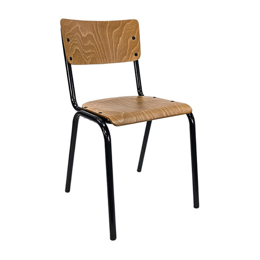 Chair with wooden seat and backrest on black metal frame against a white background