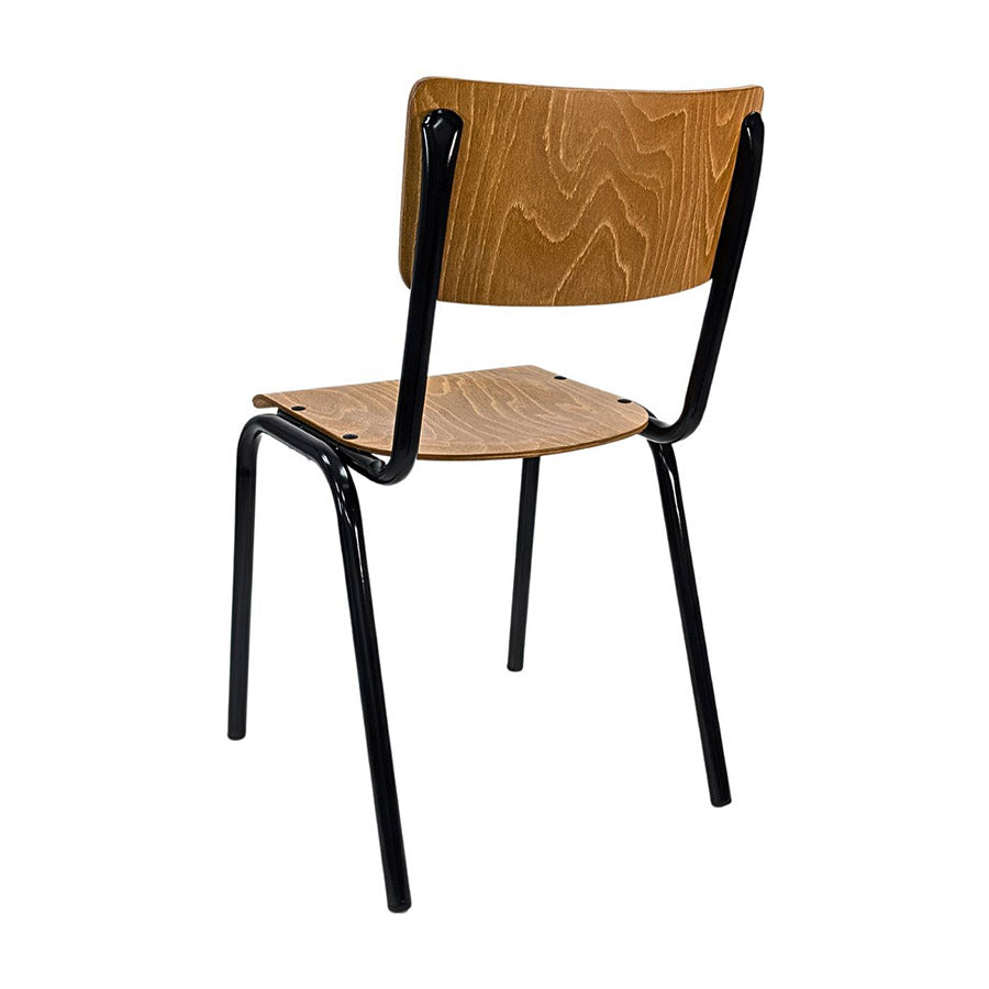 Chair with wooden seat and backrest on black metal frame against a white background
