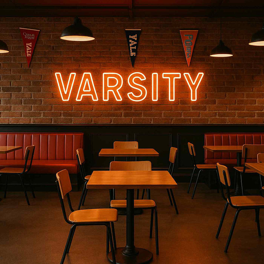 Neon 'Varsity' sign in a restaurant with tables and chairs.