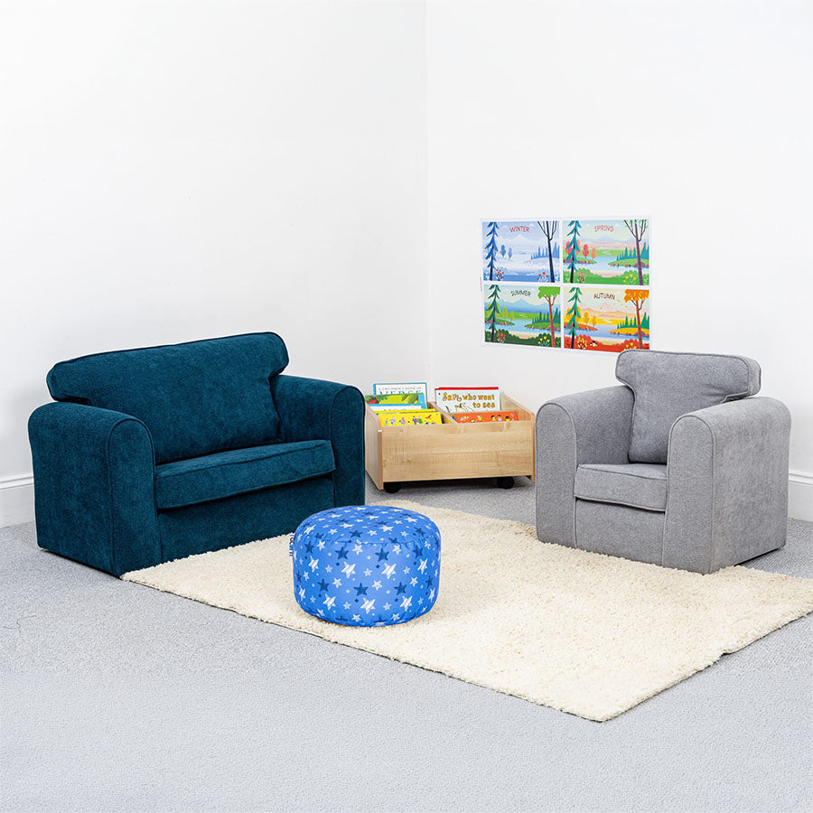 Willowbrook Bohemian Bouclé Chair for Children grey DFEU209 and Sofa Teal DFEU176 Childrens Furniture Soft Sofa Seating