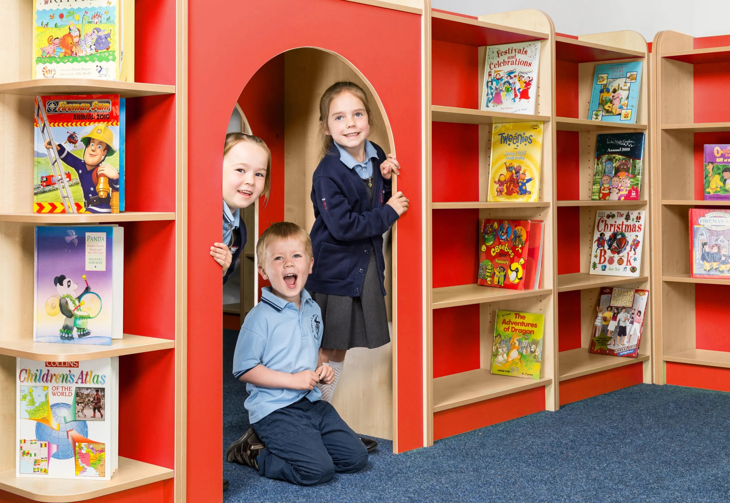 Willowbrook Kubbyclass Library Lifestyle Image with Red Accent Colours and Maple Wood 