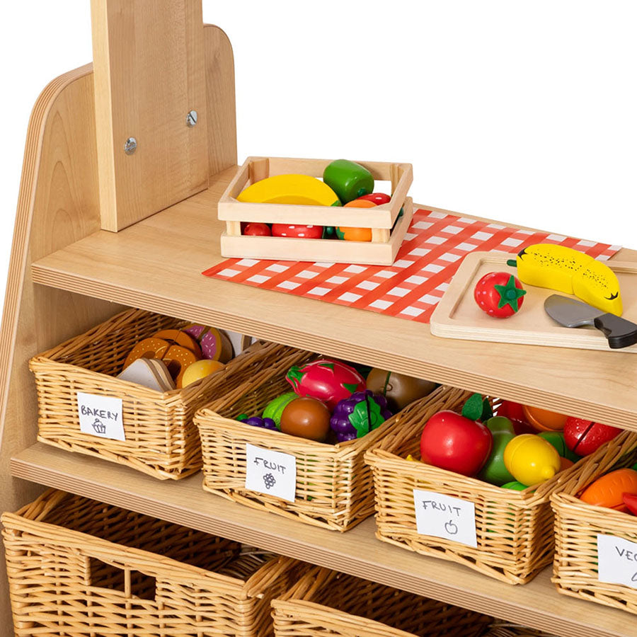 Willowbrook Two Tier Mobile Market Stall with Baskets and Props DFEC056B Childrens Role Play Furniture Close Up