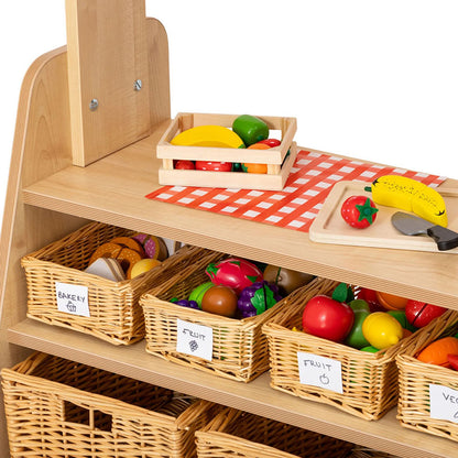 Willowbrook Two Tier Mobile Market Stall with Baskets and Props DFEC056B Childrens Role Play Furniture Close Up