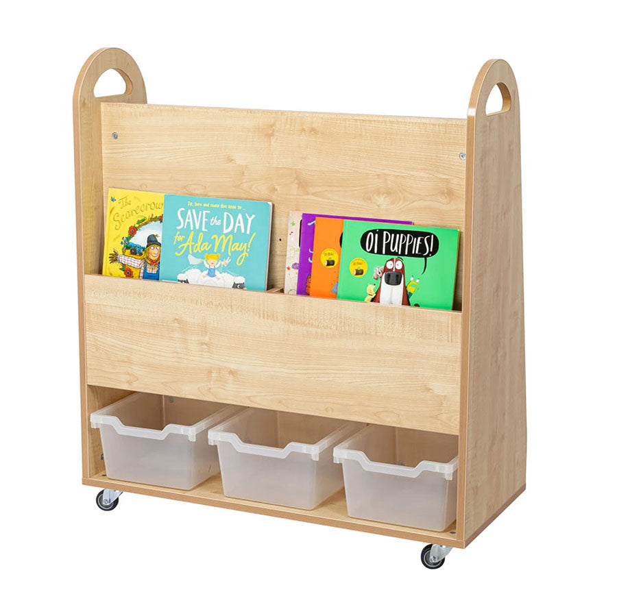 Willowbrook Wallace 4 Display Shelf Storage with Tubs Back View with Props DFEC015T Childrens Furniture Book Storage