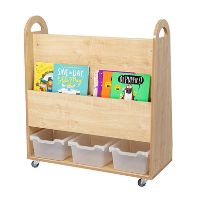 Willowbrook Wallace 4 Display Shelf Storage with Tubs Back View with Props DFEC015T Childrens Furniture Book Storage