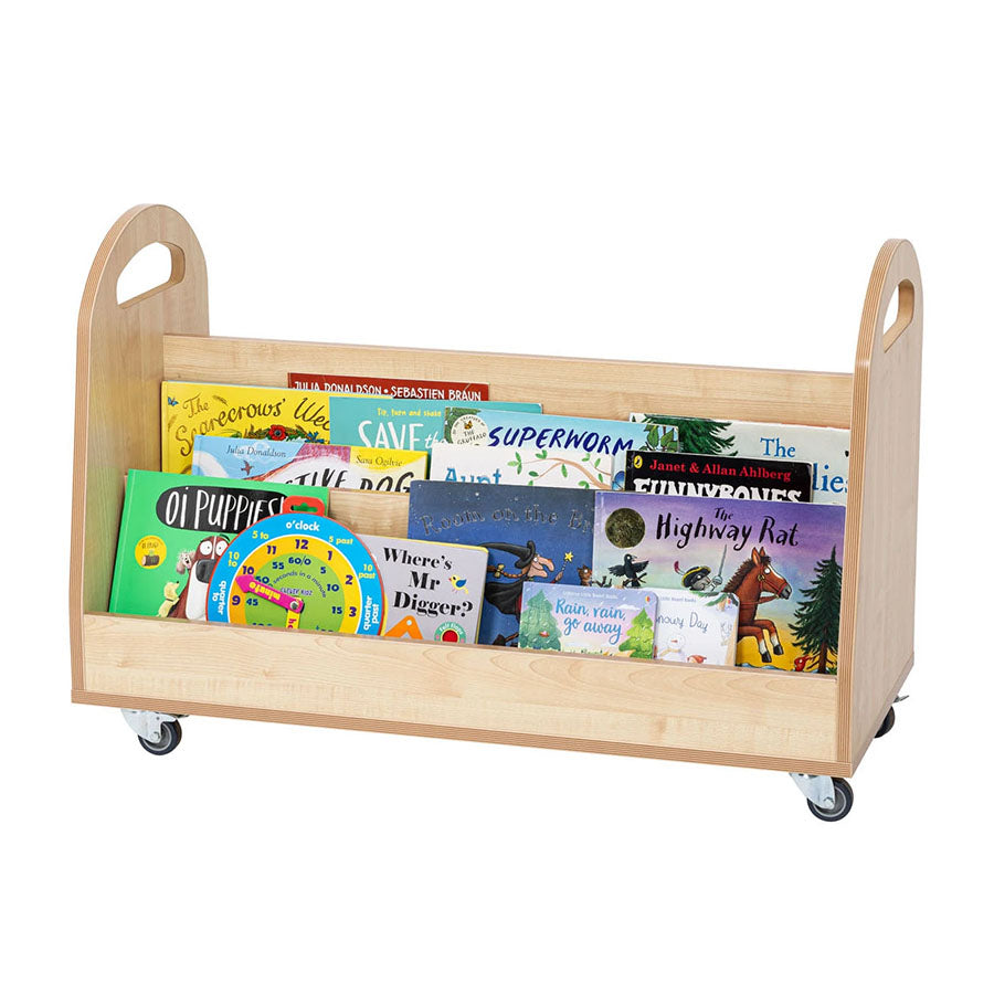 Willowbrook Wallace Low Mobile Book Storage Front View with Props DFEC013 Childrens Furniture