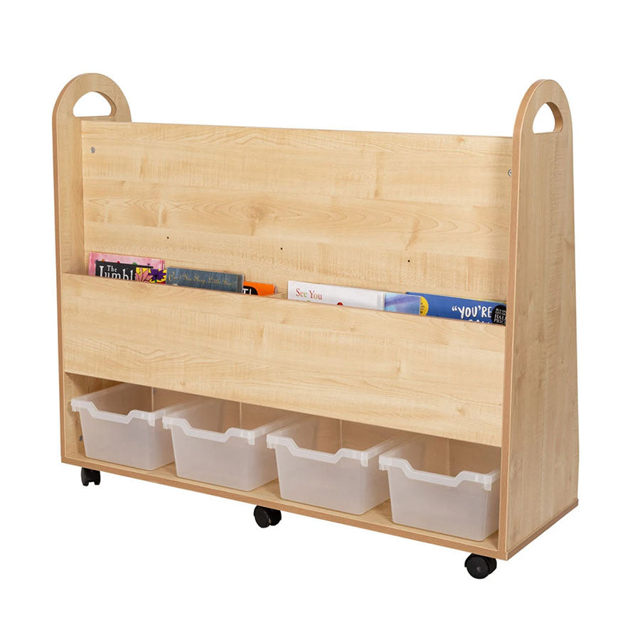 Willowbrook Wallace Wide 4 Display Shelf Storage with Tubs Back View with Props DFEC016T Childrens Furniture Book Storage 
