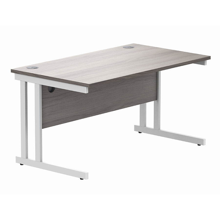 Workspace Now Rectangular Cantilever Desk Grey Oak table top and white frame 1400w x 800d