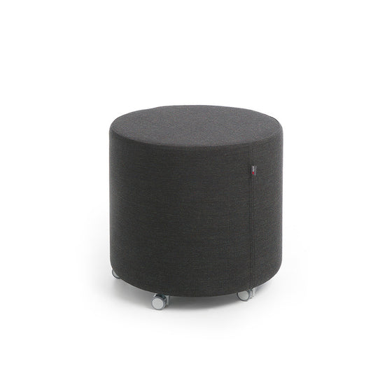 Black cylindrical Point ottoman with wheels on a white background