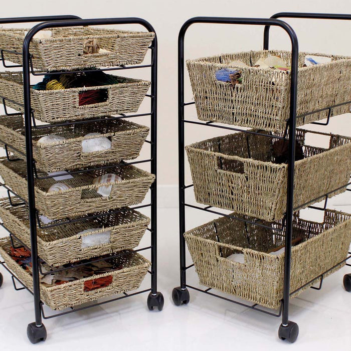 3 Shelf Deep Tray Storage Trolley With Seagrass Baskets