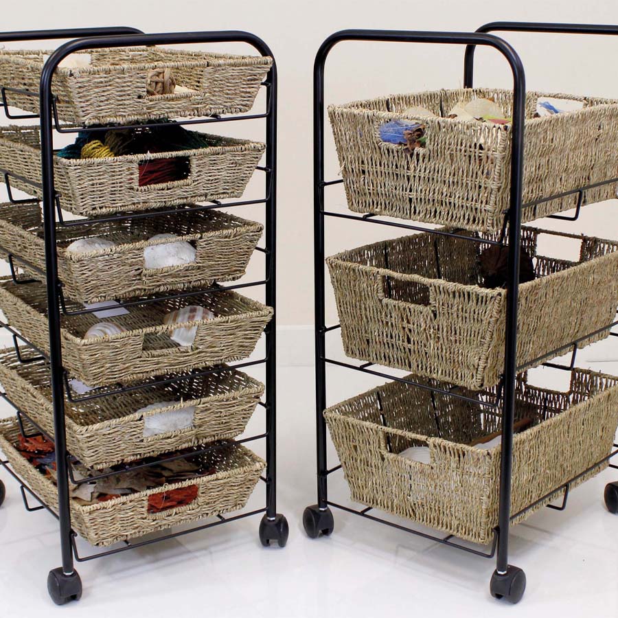 6 Shallow Tray Storage Trolley With Seagrass Baskets