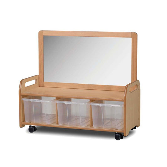Mobile Low Mirror Storage Unit With 3 Clear Tubs