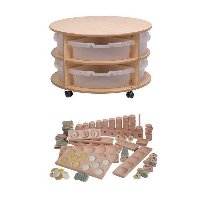 Double Tier Mobile Circular Storage Unit plus Clear Tubs and PT1145 Indoor Maths Kit