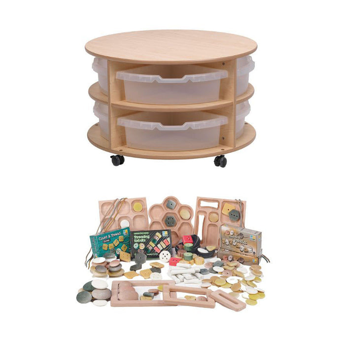Double Tier Mobile Circular Storage Unit plus Clear Tubs and PT1146 Loose Parts Kit
