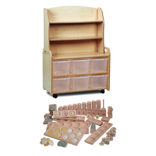 Mobile Welsh Dresser Display Storage with 6 clear tubs and PT1145 Indoor Maths Kit