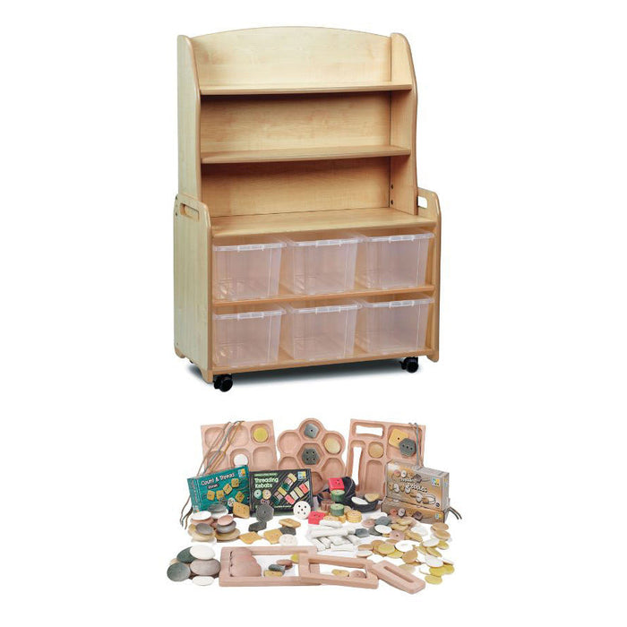 Mobile Welsh Dresser Display Storage with 6 clear tubs and PT1146 Loose Parts Kit